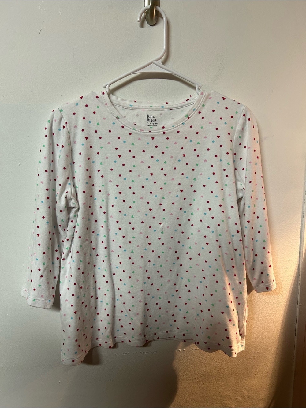 Kim Rogers White Long Sleeve Tee with Red and Mint Polka Dots/Hearts